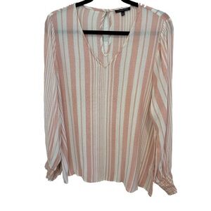 Staccato Red White Striped Blouse Long Sleeve Key Hole Back Smocked Cuff Size L